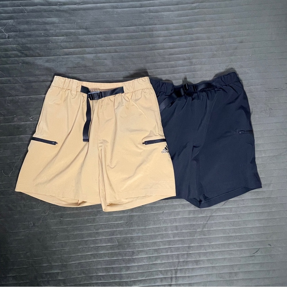 Pair of Adidas Tan and Black Athletic Shorts Relaxed Fit